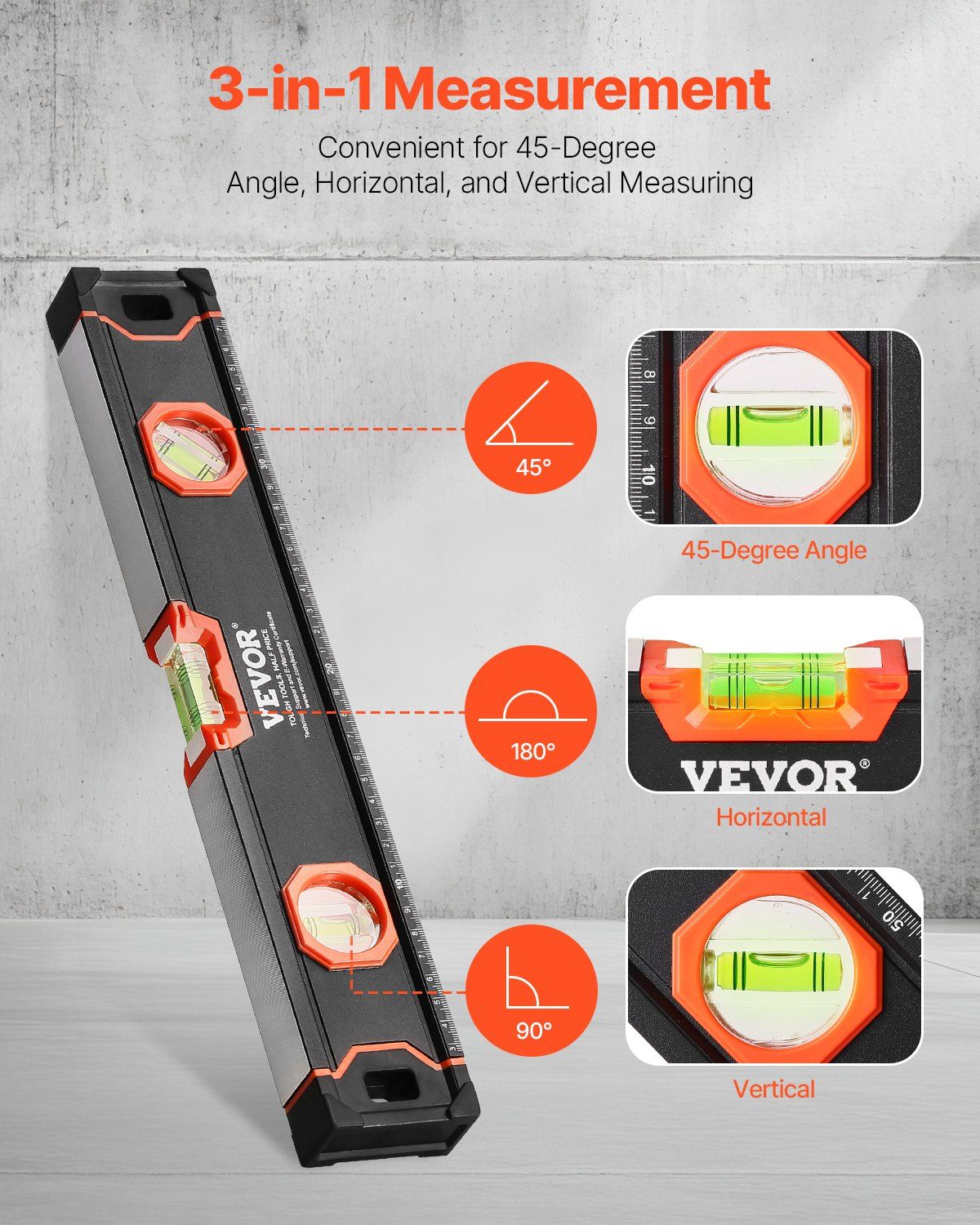VEVOR 6-Piece Torpedo Level, 78/48/32/24/16/10 Inch Box Levels Set, Bubble Vials Ruler for 45/90/180 Degree, Shock-Proof Aluminum Alloy Magnetic Leveler Tool, SAE/Metric Scale