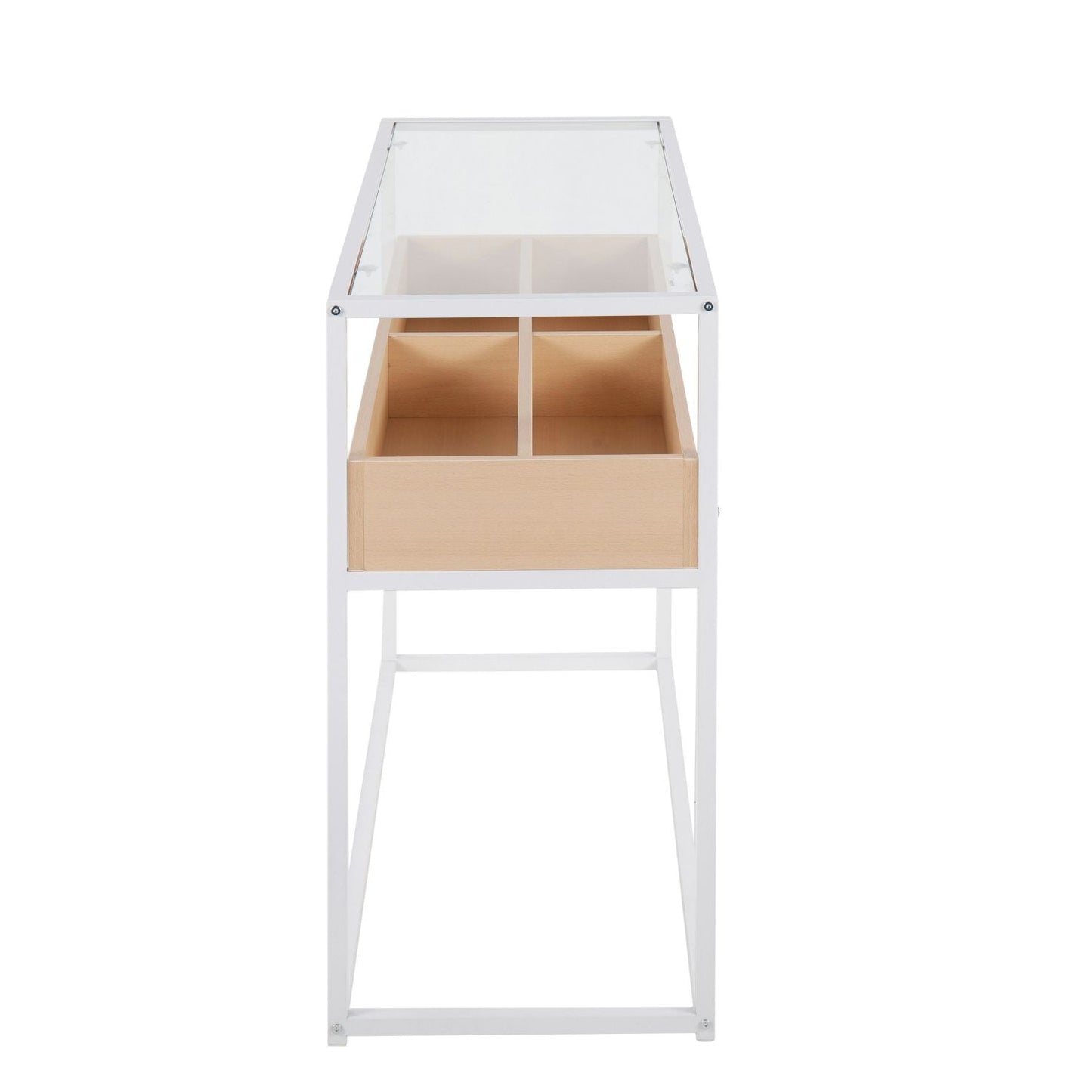 Display Contemporary Console Table in White Metal, Natural Wood, and Clear Glass by