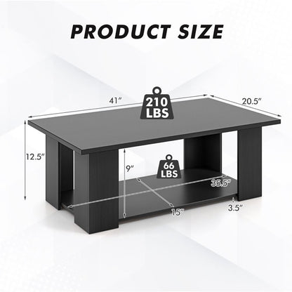 Large 41 Inch 2-tier Wooden Modern Coffee Table with Storage Shelf living room table