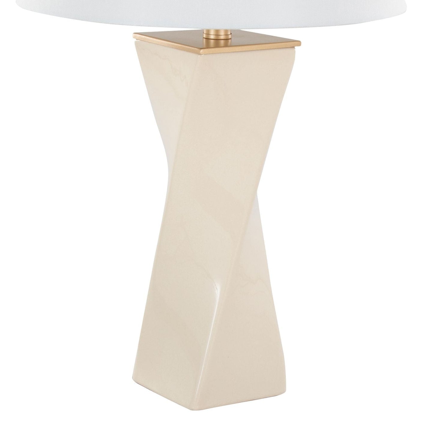 Curvo Square Contemporary 27" Ceramic Table Lamp in Cream Ceramic, Gold Metal, and White Linen by