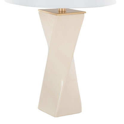 Curvo Square Contemporary 27" Ceramic Table Lamp in Cream Ceramic, Gold Metal, and White Linen by