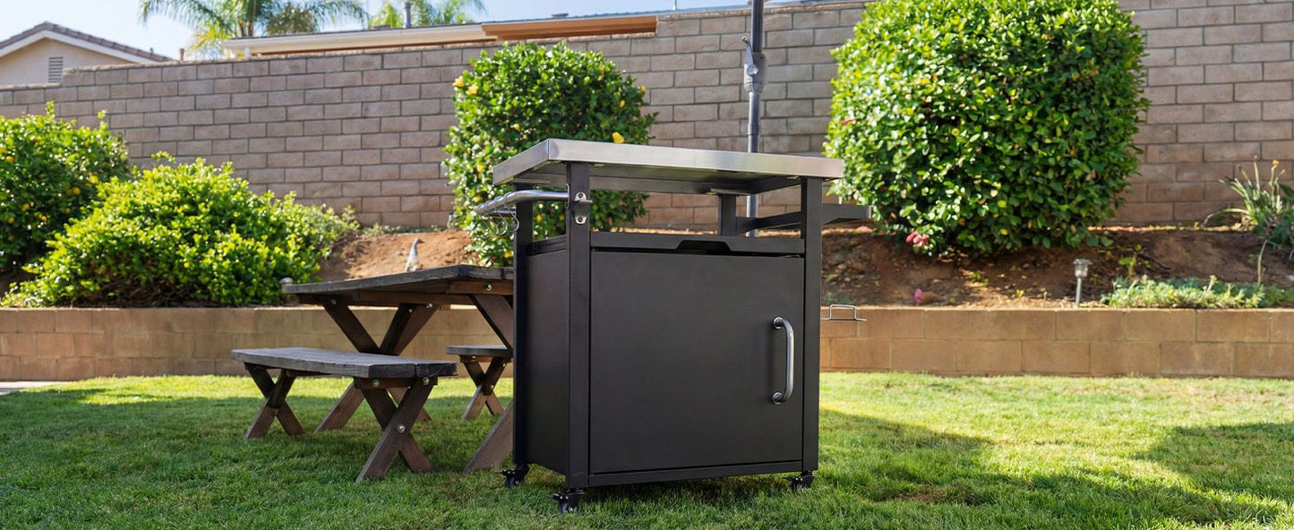K&K 39.5" Outdoor Grill Cart with Storage Cabinet, Outdoor Bar Cart Pizza Oven Table with Wheels, Stainless Steel Top, Outdoor Kitchen Island with Spice & Paper Rack for BBQ, Waterproof Cover Included