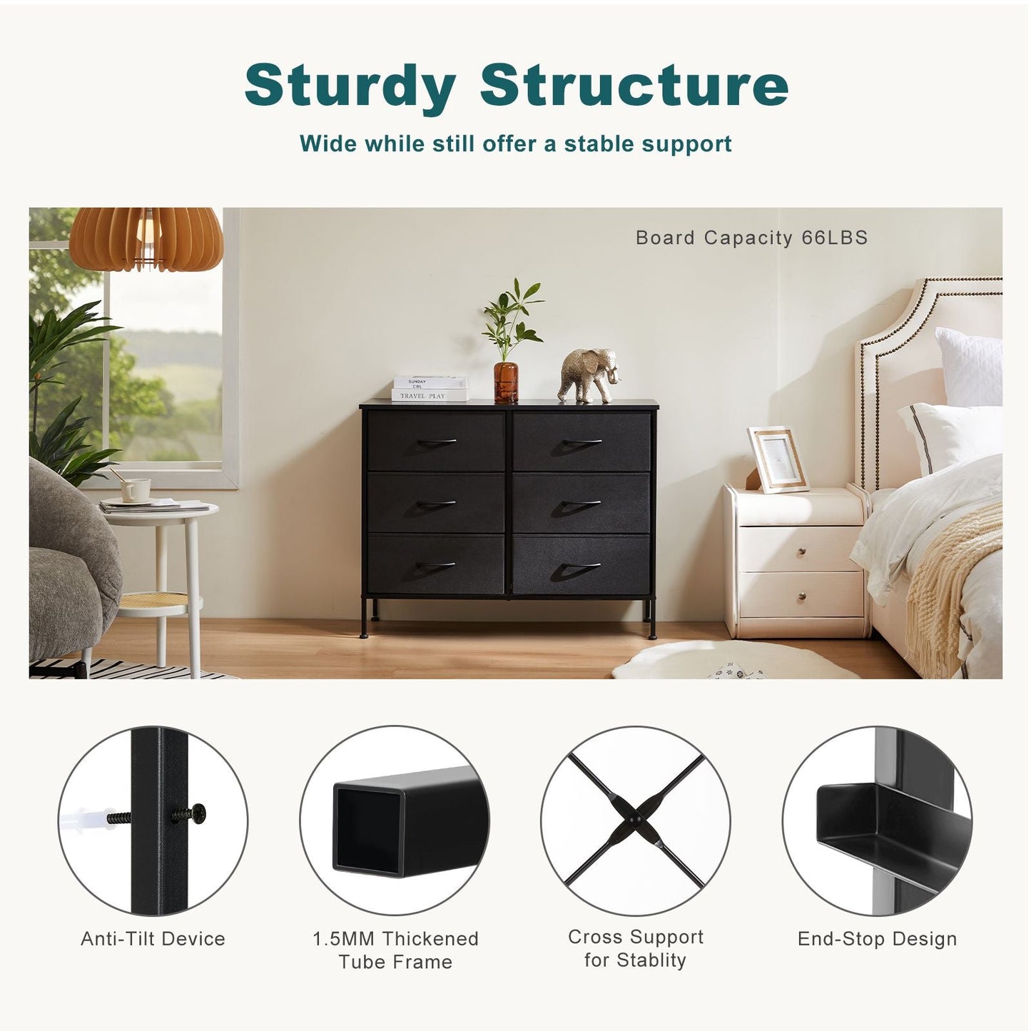 Dresser for Bedroom 6 Drawers Wide Fabric Storage Units Chest of Drawers for Bedroom with Metal Frame and Wooden Top for TV