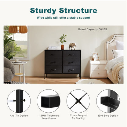 Dresser for Bedroom 6 Drawers Wide Fabric Storage Units Chest of Drawers for Bedroom with Metal Frame and Wooden Top for TV