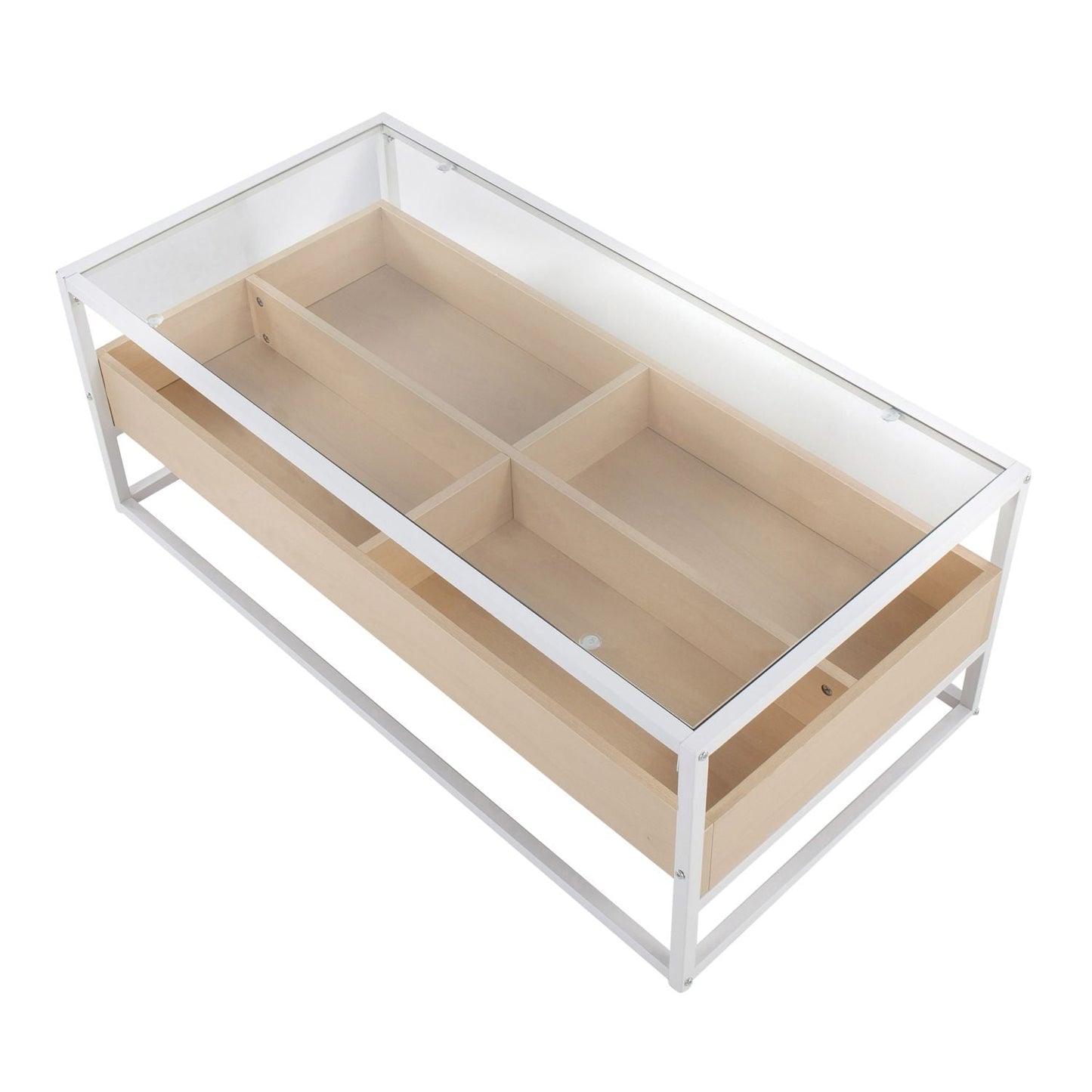 Display Contemporary Coffee Table in White Metal, Natural Wood, and Clear Glass by