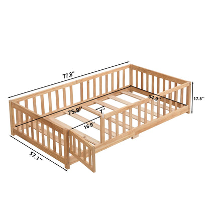 Full Size Floor Bed with Door, Solid Wood Platform Bed Frame with Fence, Suitable for children, Pine Wood