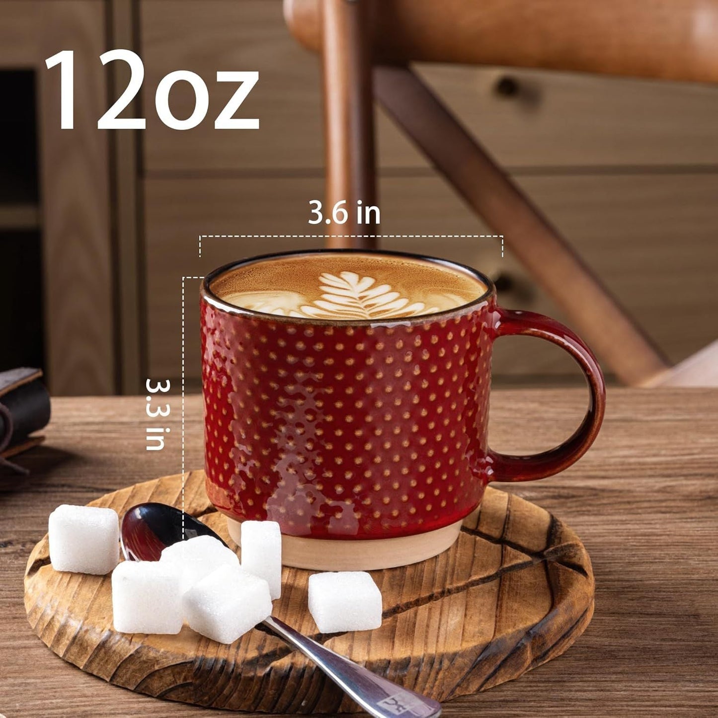 12 OZ Stackable Coffee Mugs Set of 4, Ceramic Coffee Cups with Texture Patterns for Man,Woman,Dad,Mom, Modern Mugs Set for Latte/Cappuccino/Cocoa. Dishwasher&Microwave Safe, Red
