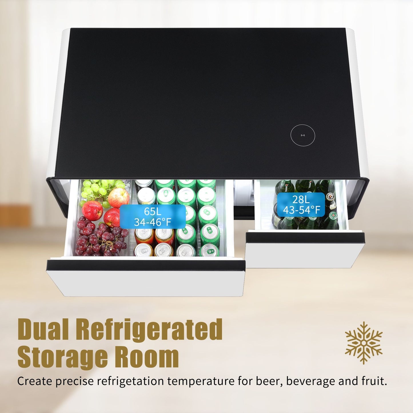 Modern Smart mini Coffee Table with Built in Fridge;  Outlet protection; Wireless charging module; Mechanical temperature control; Power socket; USB interface And power interface.