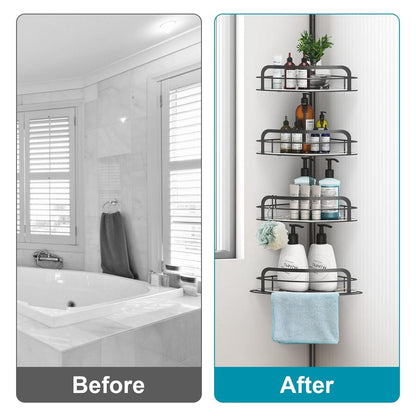 Rust-Resistant Corner Shower Caddy For Bathroom 4 Height Adjustable Shelves With Tension Pole Towel Bar Hanging Hook Floor Standing Bath Storage Rack 8.66-116.14IN