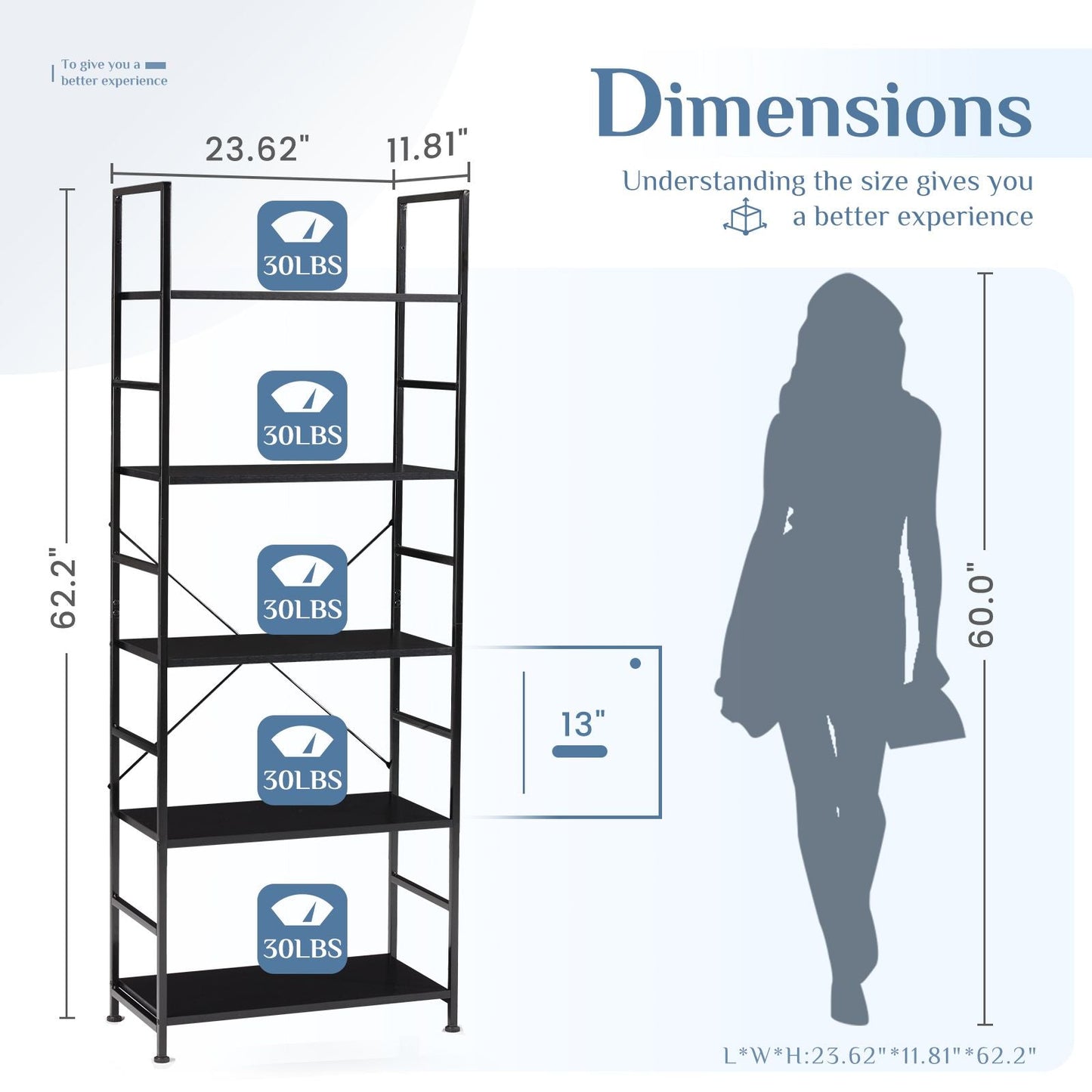 5 Tiers Bookshelf, Classically Modern Book Shelf, Book Rack, Storage Rack Shelves in Living Room/Home/Office