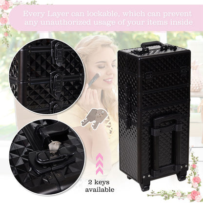 4 in 1 Makeup Train Case Portable Aluminum Rolling Cosmetic Organizer Trolley with Wheels Multiple Compartments Black