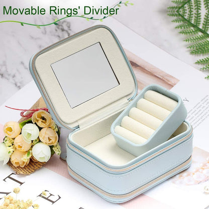 Jewelry Case with Double Zippers and Built-in Mirror Small Size PU Leather for Women and Girls Rings Earrings Necklace Organizer Jewelry Storage Box