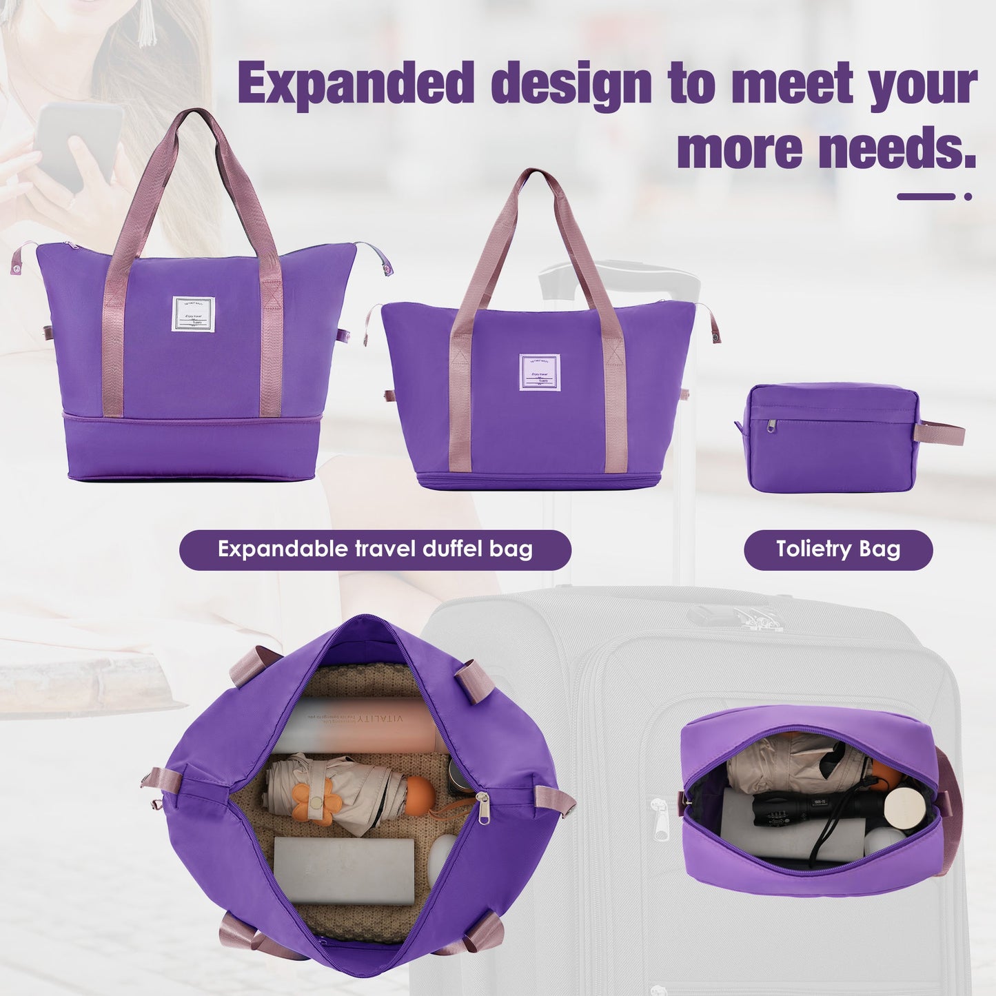 Softside Luggage Expandable 3 Piece Set Suitcase with Duffel Bag Upright Spinner Softshell Lightweight Luggage Travel Set