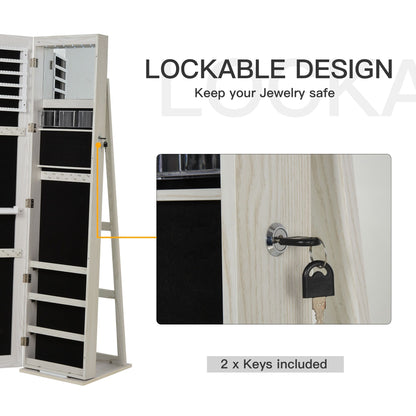 Lockable Jewelry Cabinet Standing Armoire Full Length Mirror LED Lights White Jewelry Organizer