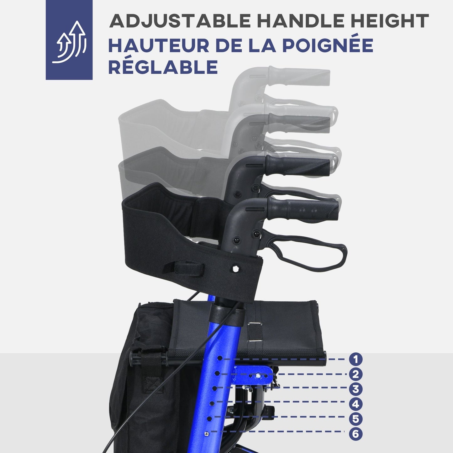 Rollator for Seniors with Seat, Back, Cane Holder, Aluminium Folding Rolling Walker with Adjustable Handle, Bag, Blue