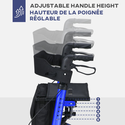 Rollator for Seniors with Seat, Back, Cane Holder, Aluminium Folding Rolling Walker with Adjustable Handle, Bag, Blue