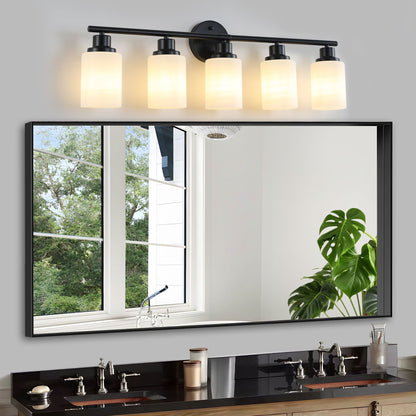 31" Modern 5-Light Vanity Bathroom Mirror Light, Frosted White Glass with Black Iron Frame, Contemporary Wall Sconce for Bedroom, Bathroom, and Dressing Room (Bulb Not Included)