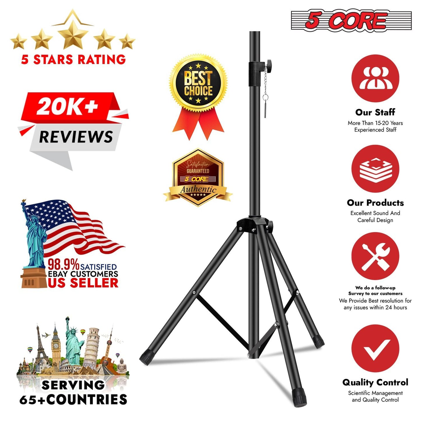5 Core Speaker Stand Tripod Floor Tall Adjustable Up to 72 Inch DJ Studio Monitor Stands Pole Mount - SS ECO 1PK WOB