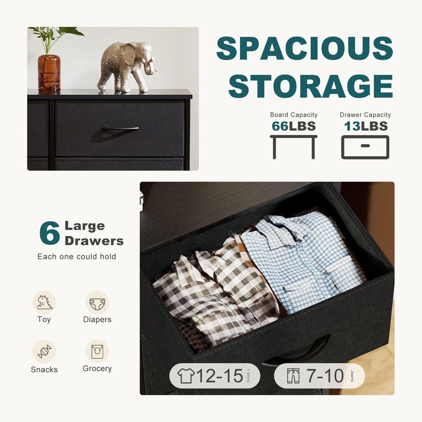 Dresser for Bedroom 6 Drawers Wide Fabric Storage Units Chest of Drawers for Bedroom with Metal Frame and Wooden Top for TV