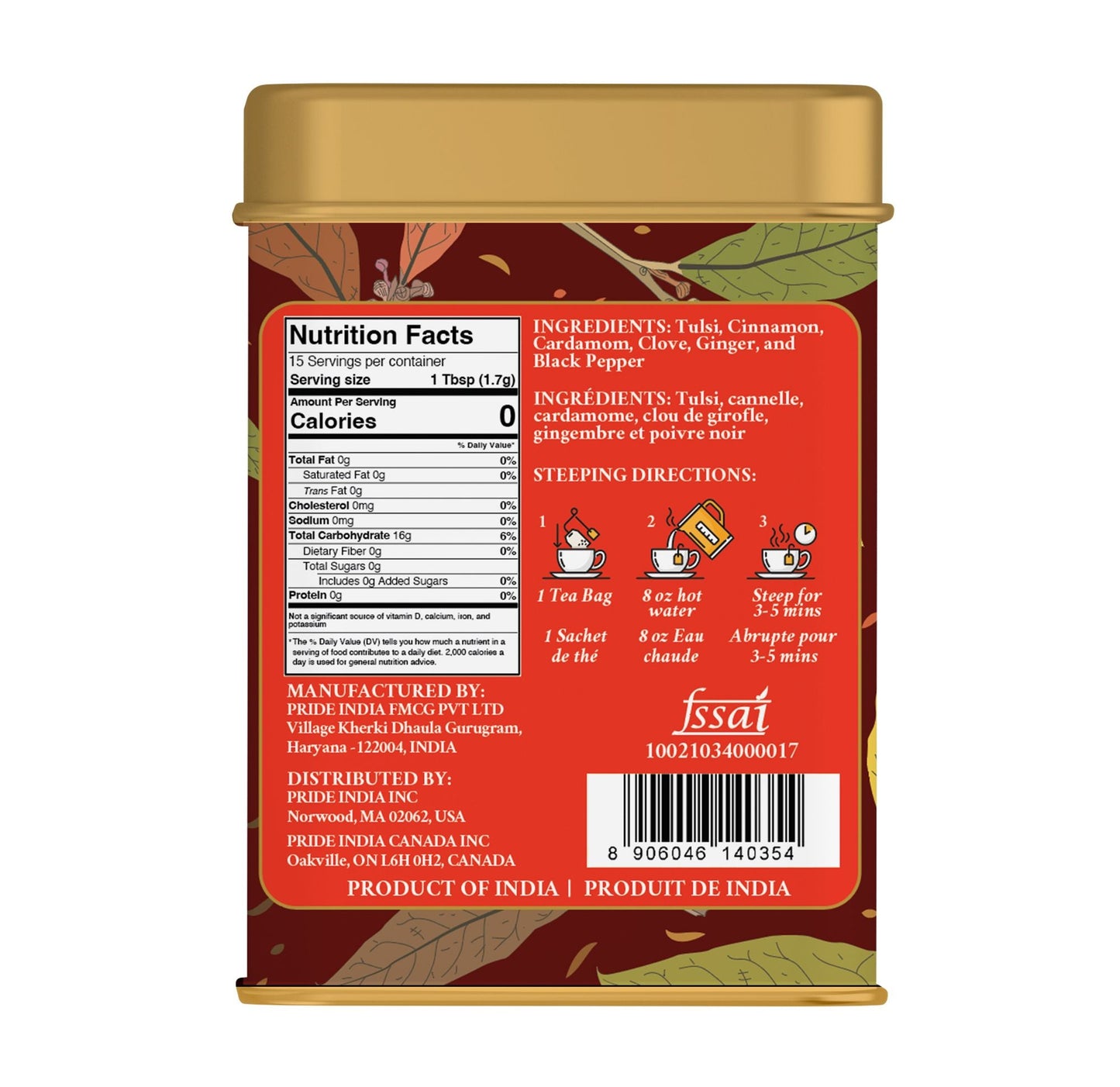 Pride Of India Herbal Chai (Comforting Spiced Tea), 15 Tea Bags