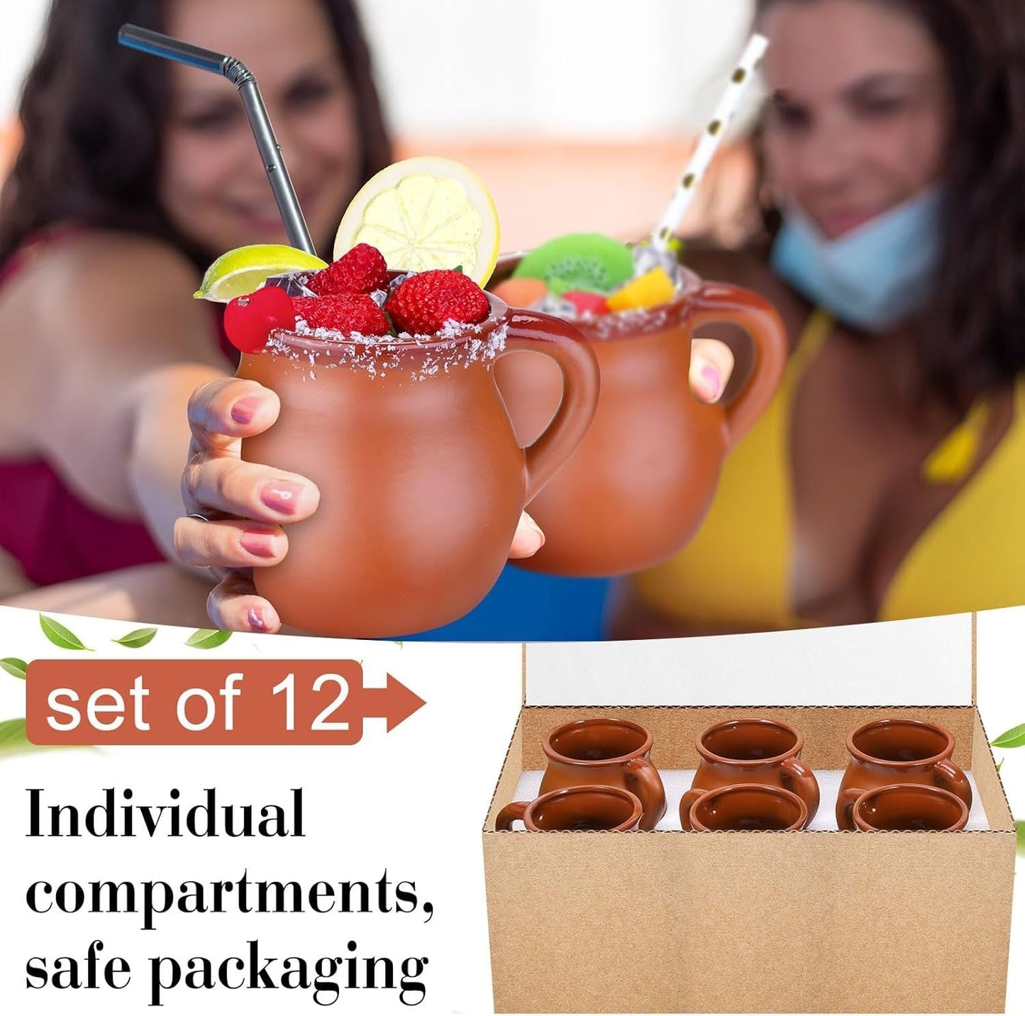 Pack of 12 12 oz Cantaritos De Barro Clay Cups Mexican Clay Mugs Fiesta De Barro Mexicanos Coffee Mugs, Cocktail Glasses and Tea Cups for Tequila, Margaritas, Mojitos Cold Hot Drinks (Brick Red)