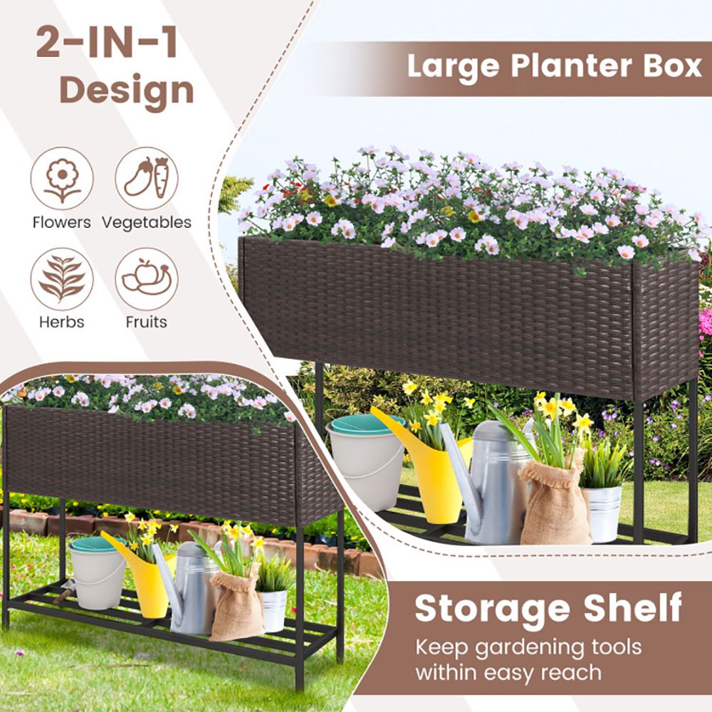 Raised Wicker Garden Bed with Storage Shelf and Removable Liner