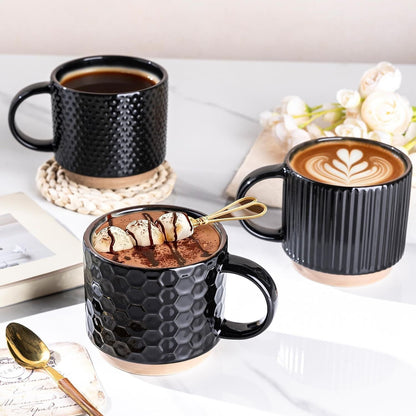 12OZ Stackable Coffee Mugs, Ceramic Coffee Mugs with Texture Patterns for Man,Woman,Dad,Mom, Modern Coffee Mugs Set of 4 for Latte/Cappuccino/Cocoa. Dishwasher&Microwave Safe, Black