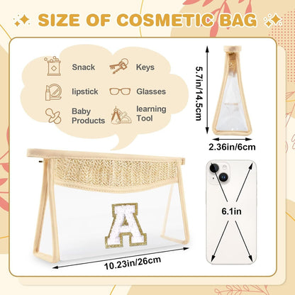 Personalized Initial Letter Bag Boho Straw Clear Makeup Bag,Small Cute Chenille Varsity Letter Bag With Zipper,Beach Travel Toiletry Bag,Portable Monogrammed Cosmetic Bag for Women Girls,A