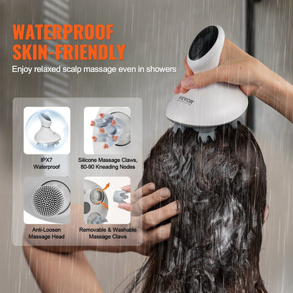Rechargeable VEVOR Electric Scalp Massager for Hair Growth & Stress Relief, IPX7 Waterproof Design, 8 Removable Heads, Perfect Gift for Mom or Dad