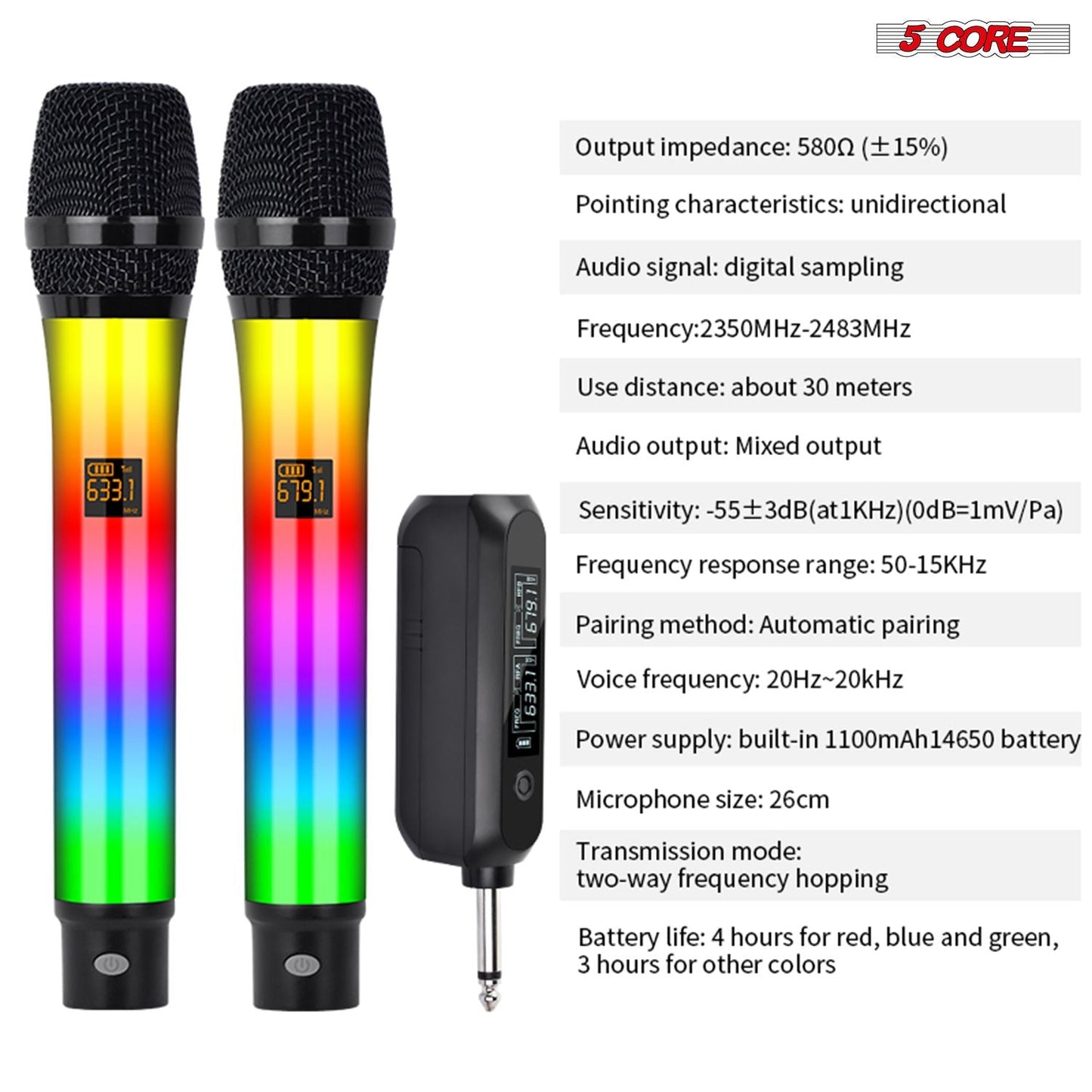 5 Core Microphone Wireless Karaoke Singing Mic Rechargeable Microfono w Lights