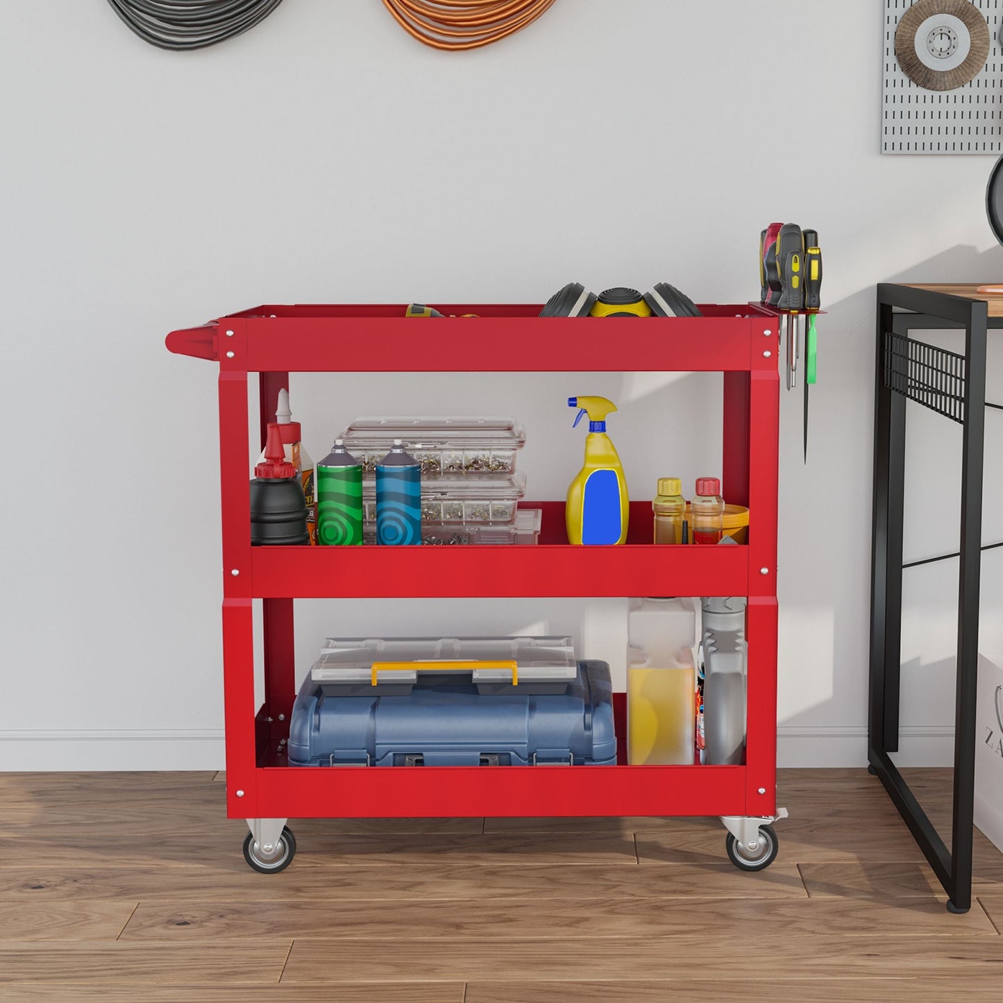 3 Tier Rolling Tool Cart with Wheels, 330 LBS Capacity Heavy Duty Utility Cart, Mobile Service Cart for Garage, Red