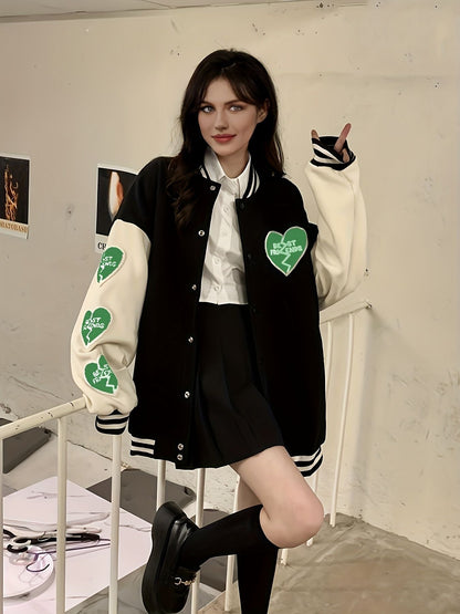 Preppy Heart Print Striped Trim Hem Patchwork Bomber Jacket, Casual Winter Oversized Coat, Women's Clothing