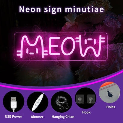 1 LED neon light, pink "meow meow" cat shaped wall decoration light, bright neon light with USB, suitable for decorating girls' bedrooms, 5V adjustable lighting, very suitable for room accents