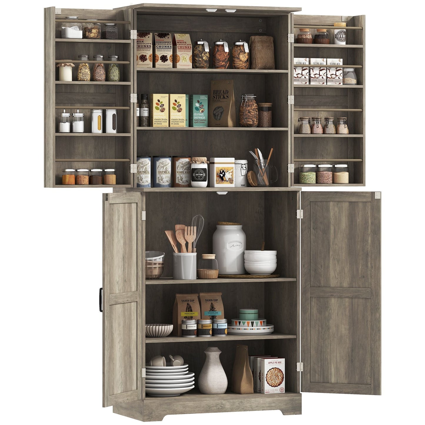 HOMCOM Farmhouse Kitchen Pantry, 72" Tall Pantry Cabinet with 4 Barn Doors, 4 Adjustable Shelves and 8 Door Shelves, Gray Wash