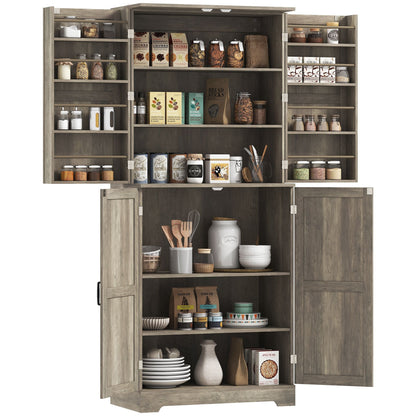 HOMCOM Farmhouse Kitchen Pantry, 72" Tall Pantry Cabinet with 4 Barn Doors, 4 Adjustable Shelves and 8 Door Shelves, Gray Wash