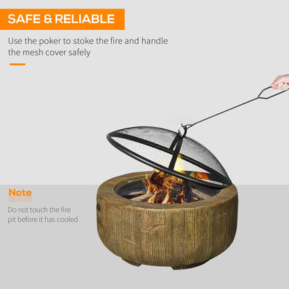 Outdoor Fire Pit, 24 Inch Metal Wood Burning Fireplace with Spark Cover, Poker, Woodgrain Design for Patio, Picnic, Backyard, Light Brown