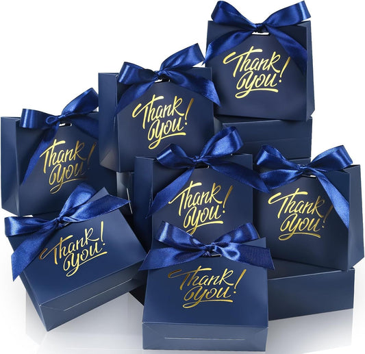 Small Gift Bags, 25 Pack 4.5x1.8x3.9 Inches Thank You Bags Navy Blue Kraft Paper Gift Bag with Bow Ribbon, Small Candy Bags for Birthday Wedding Baby Shower
