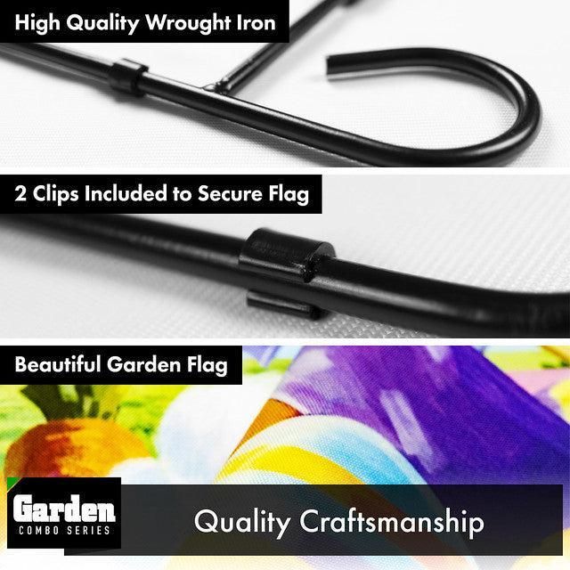 Combo Pack Garden Flag Stand Black 36x16 Inch & Garden Flag Happy Easter Carrots Colorful Eggs with Bunny in Basket 12x18 Inch
