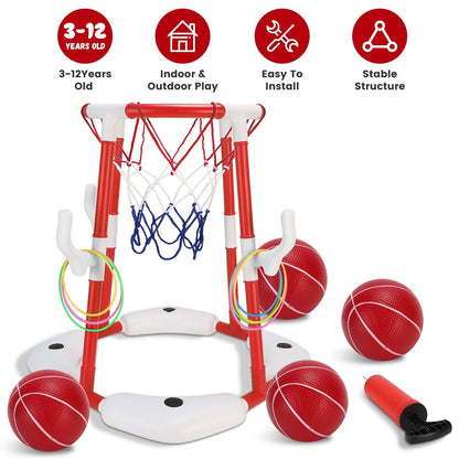Summer Pool Basketball Hoop Toy Set With 4 Basketballs 4 Circles Pump Floating Swimming Pool Basketball Games Poolside Water Play Toy For 3-12Years Old Kids Adults