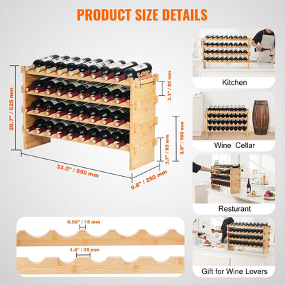 VEVOR 36 Bottle Stackable Modular Wine Rack Bamboo Wood Display Shelf 4-Tier