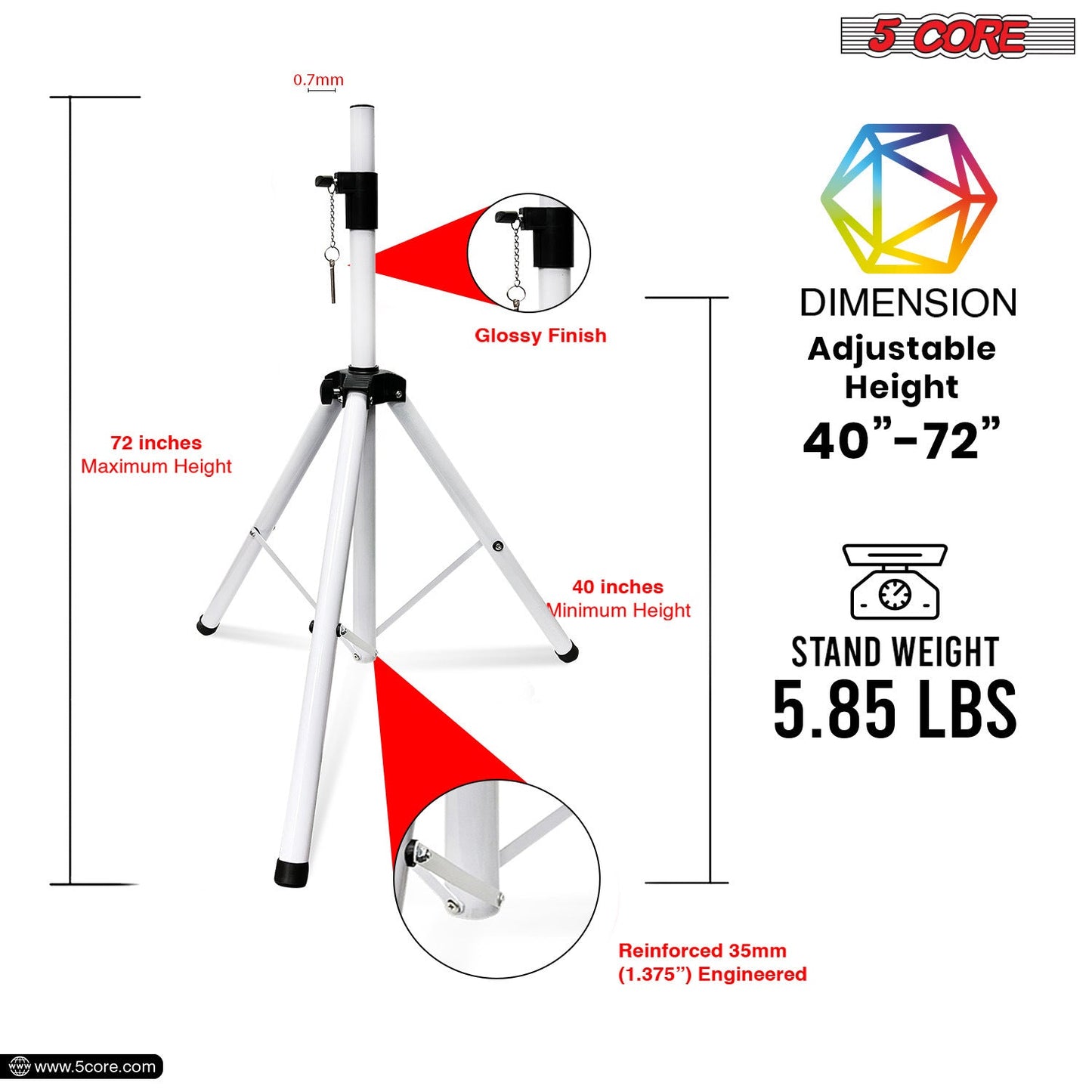 5 Core Speaker Stand Tripod Floor Heavy Duty Adjustable Up to 72 Inch DJ Studio Monitor Stands Pole Mount- SS HD WH BAG