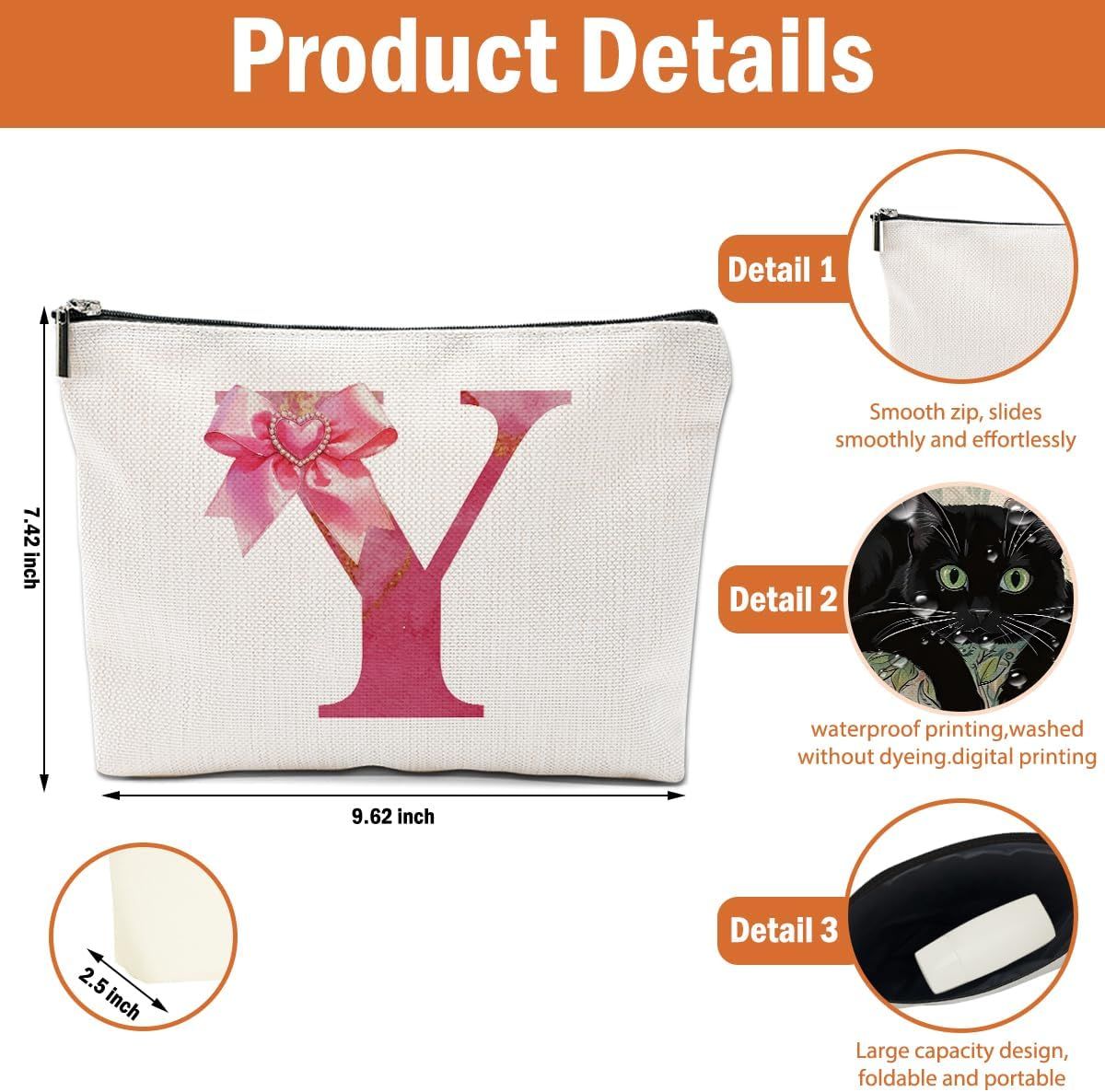 Personalized Initial Makeup Bag, Monogram Bow Travel Toiletry Make Up Bags Cute Preppy Cosmetic Bag Pouch Makeup Organizer Mothers Day Wedding Birthday Gifts for Women Teacher Sister Girls Pink Y