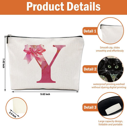 Personalized Initial Makeup Bag, Monogram Bow Travel Toiletry Make Up Bags Cute Preppy Cosmetic Bag Pouch Makeup Organizer Mothers Day Wedding Birthday Gifts for Women Teacher Sister Girls Pink Y