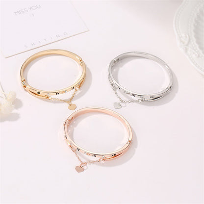 Roman Numeral Accents Bracelet with Heart Pendant and Small Diamonds Stainless Steel Bangles