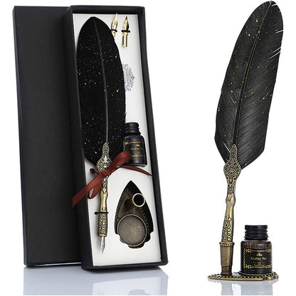 Feather Pen And Ink Set, Glittering Quill Pen Set Antique Calligraphy Dip Pen With Ink, 2 Replacement Nibs, Pen Stand Base, Luxury Vintage Signature Pen