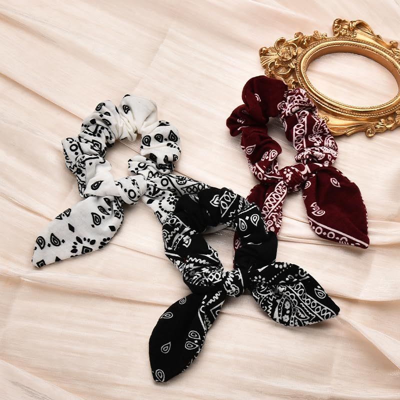 Hair Bow Scrunchy Hair Ties for Girls Ponytail Holders for Women Bunny Ear Scrunchies 3Pcs