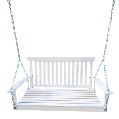Front Porch Swing with Armrests;  Wood Bench Swing with Hanging Chains; for Outdoor Patio ; Garden Yard;  porch;  backyard;  or sunroom; Easy to Assemble; white