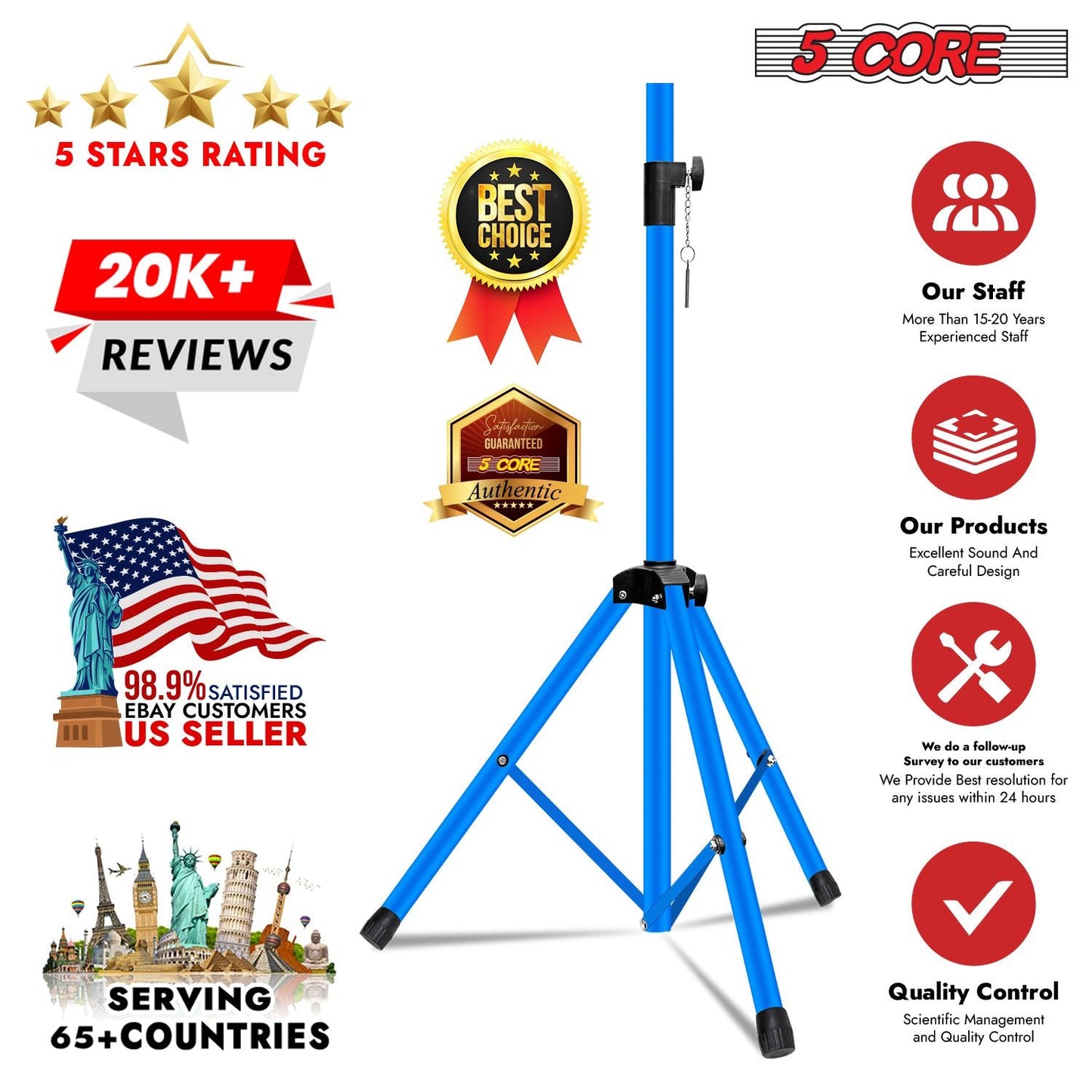 5 Core Speaker Stand Tripod Floor Tall Adjustable Up to 72 Inch DJ Studio Monitor Stands Pole Mount - SS ECO 1PK WOB