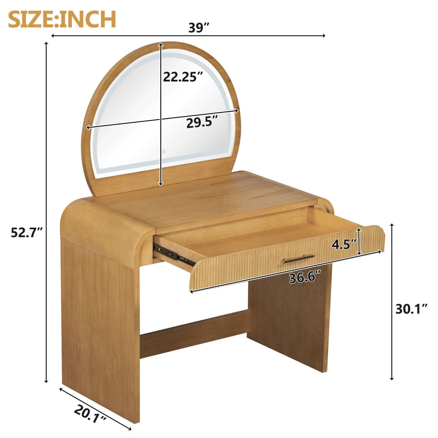 39" Makeup Vanity Table with Mirror Touch Screen Lighted Mirror, Dressing Table with Drawer for Bedroom, Natural