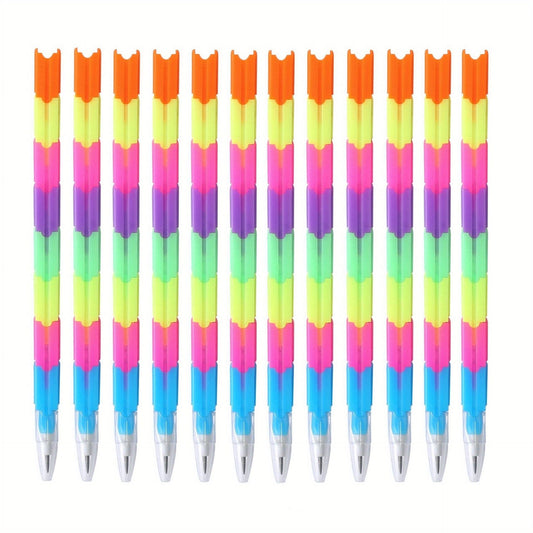 12pcs School Blocks Replaceable Core Rainbow Pencils Writing Tools Kids Gift Pencils Toy Stationery Pen Splicing Office Plastic 5.91*0.39inch